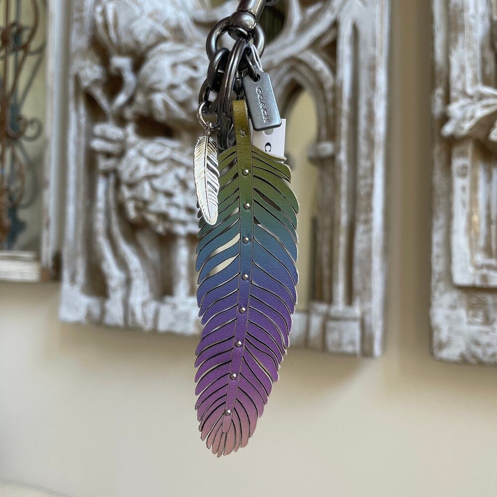 Coach Ombre Rainbow Feather Leather Bag Charm 90067 NWT Rare - Picture 2 of 4